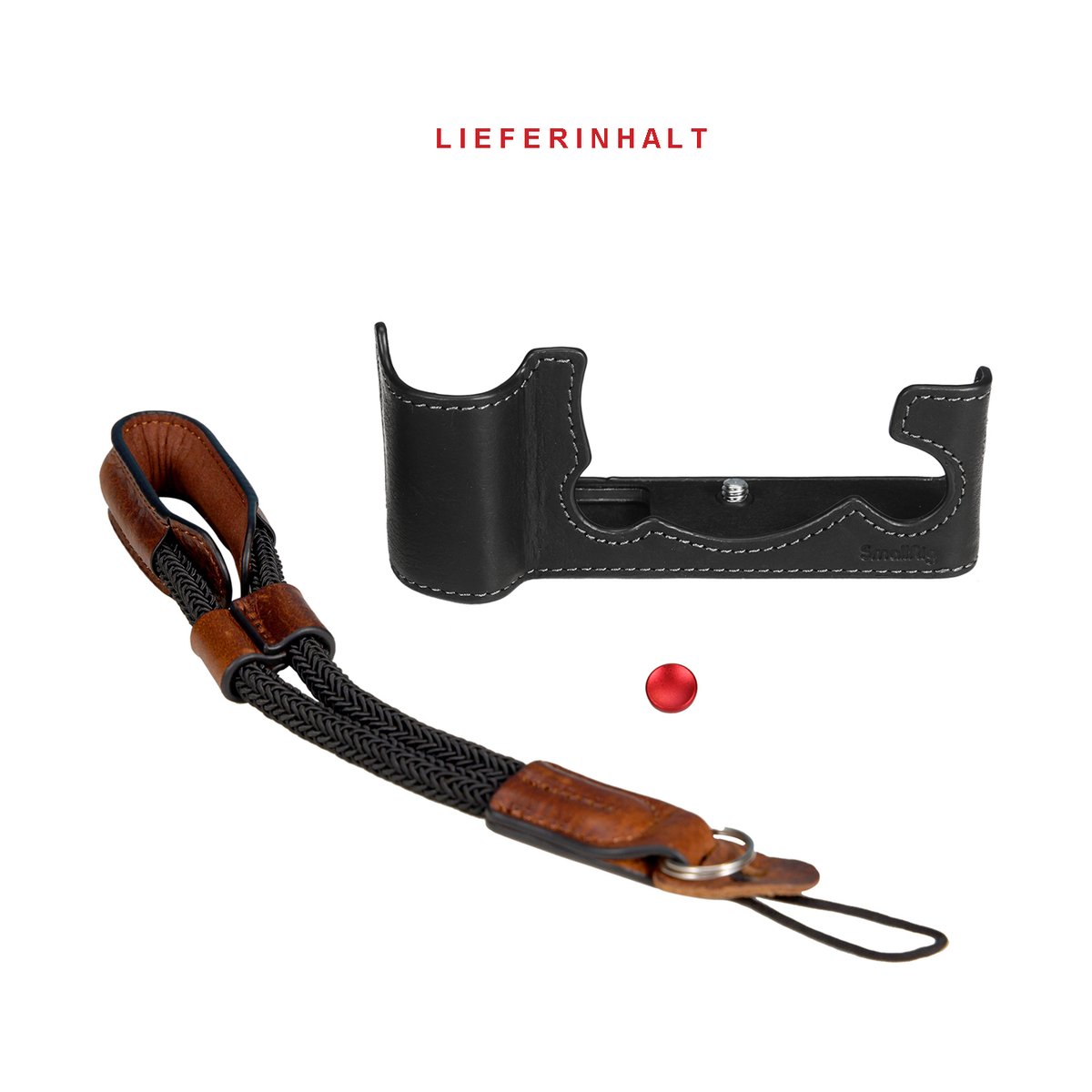 SmallRig 3927 Halb Case/Handschlaufe Kit für Fujifilm X-T5 - Lieferumfang: schwarze Kameratasche, geflochtene Handschlaufe und roter Auslöseknopf