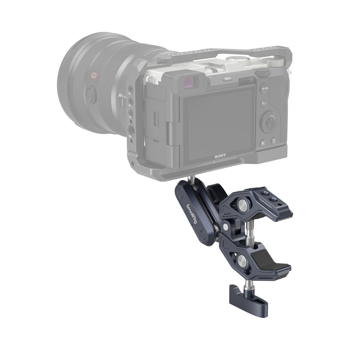 SmallRig 3757B Crab Shaped Clamp mit Kugelkopf Magic Arm - Anwendungsbeispiel: SmallRig Super Clamp an Kamera-Cage befestigt