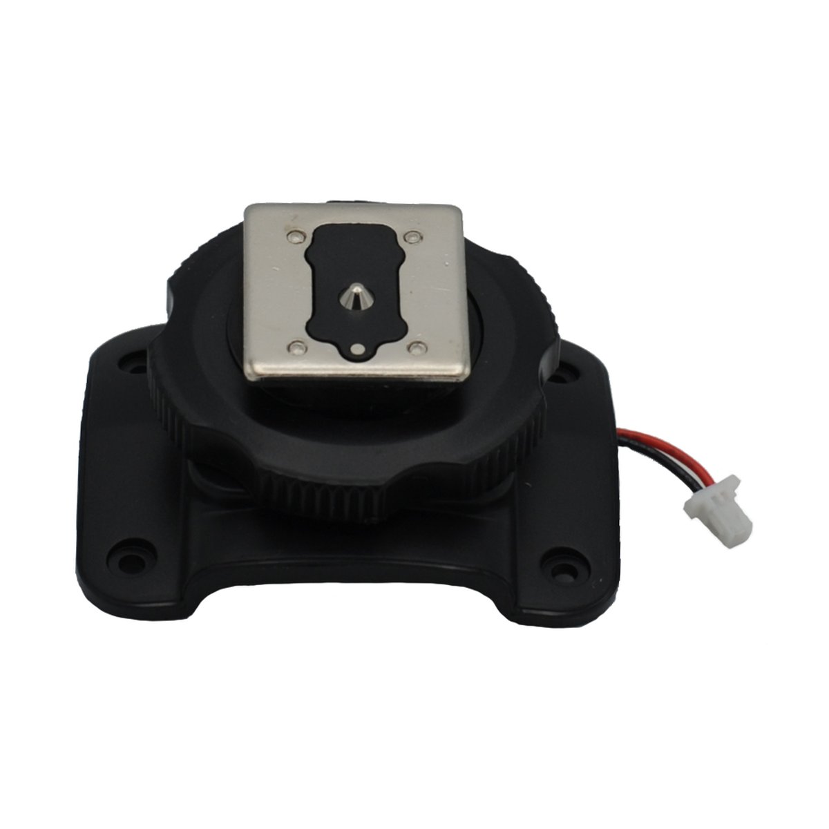 Godox TT600 - hot shoe - Draufsicht: Schwarzer Blitzschuh-Adapter mit silberner Kontaktplatte und Kabelstecker.