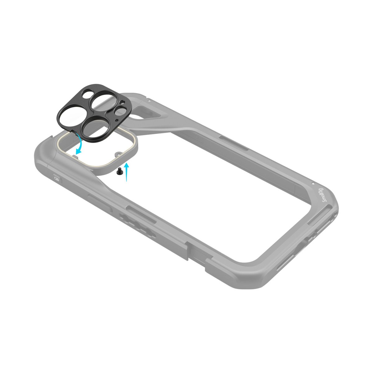 SmallRig 4394 Gewindelinse Rückenscheibe für iPhone 15 Pro Max/ 15 Pro Cage - Montageansicht: Anbringen des Kameraobjektivschutzes am Telefonrahmen