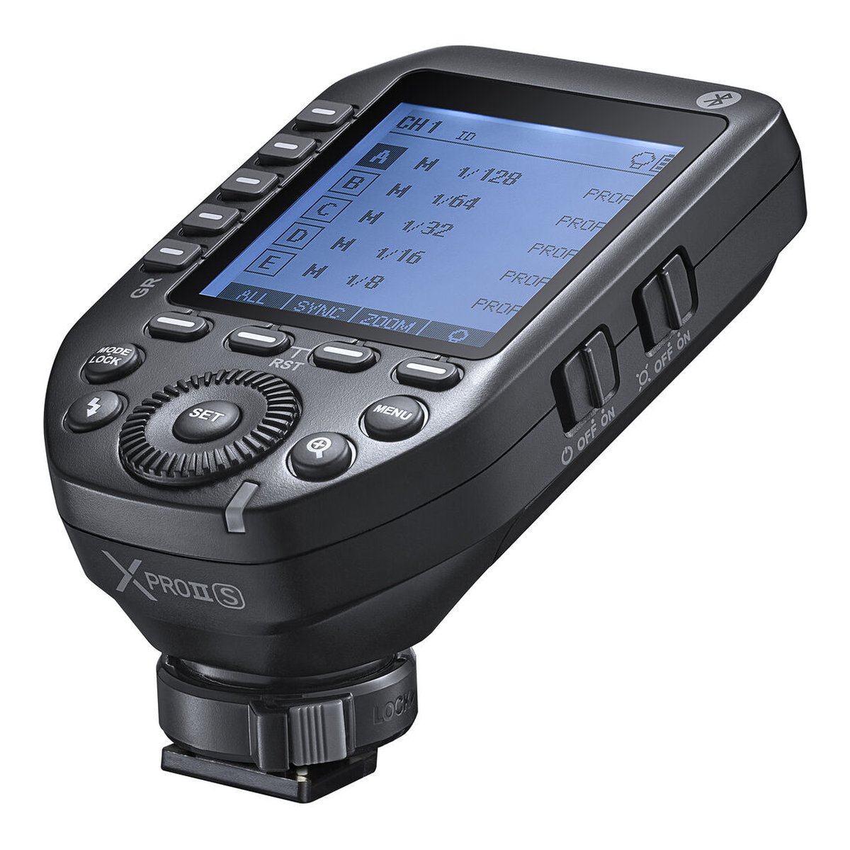 Godox Speedlite V1 Sony X-PRO II Trigger Accessories Kit - Winkelansicht von oben des Blitz-Triggers mit beleuchtetem Display und Bedienelementen.