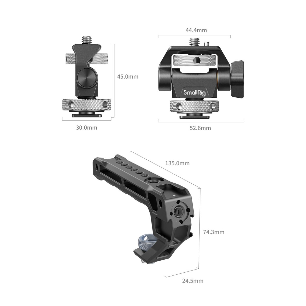 SmallRig 5322 Top Handle with Monitor Support Kit (Compatible with Cold Shoe) - Lieferumfang mit allen Komponenten und deren Maßen.