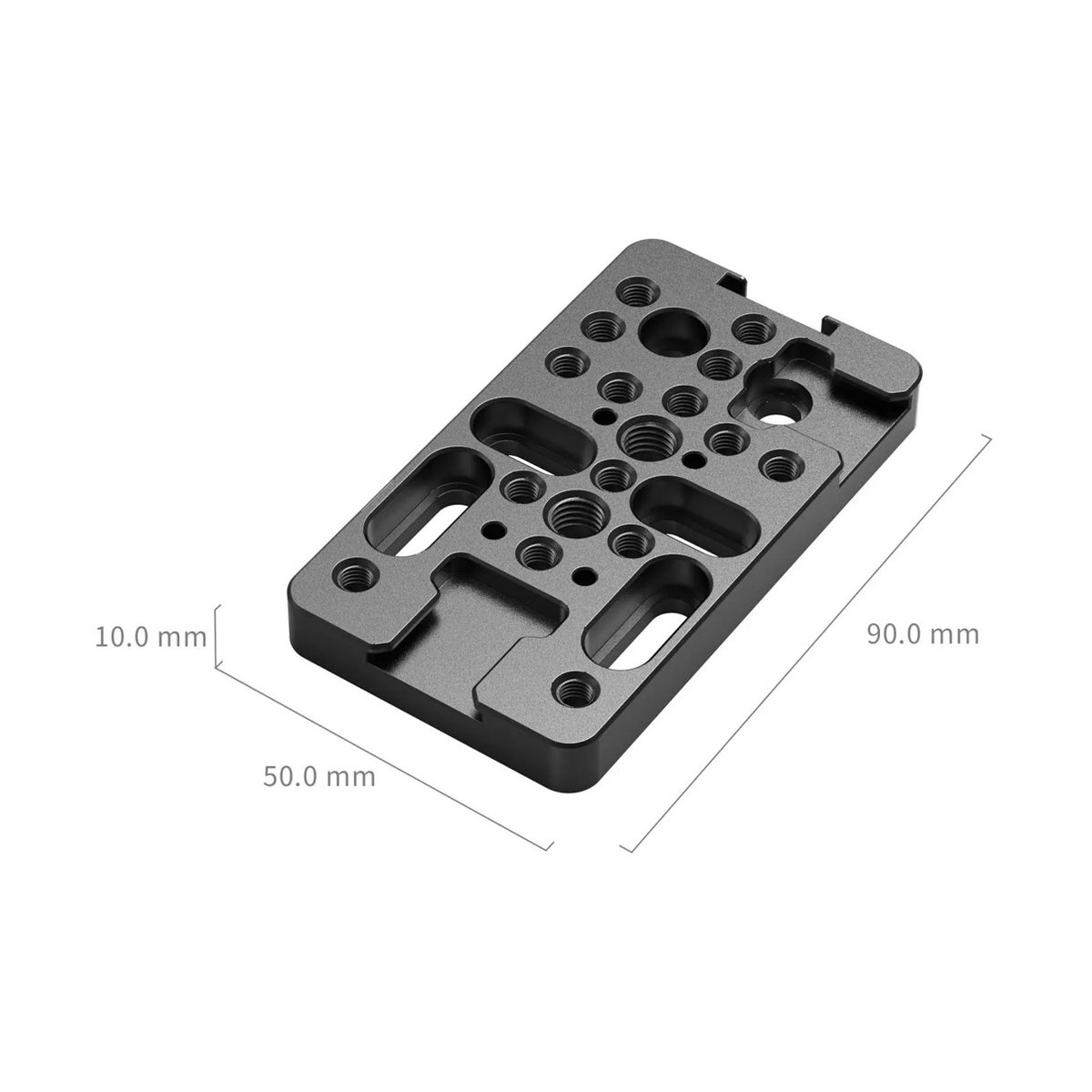SmallRig 4887 Multifunctional Cheese Mount Plate - Maßansicht einer grauen Montageplatte mit Gewindebohrungen (90x50x10 mm)