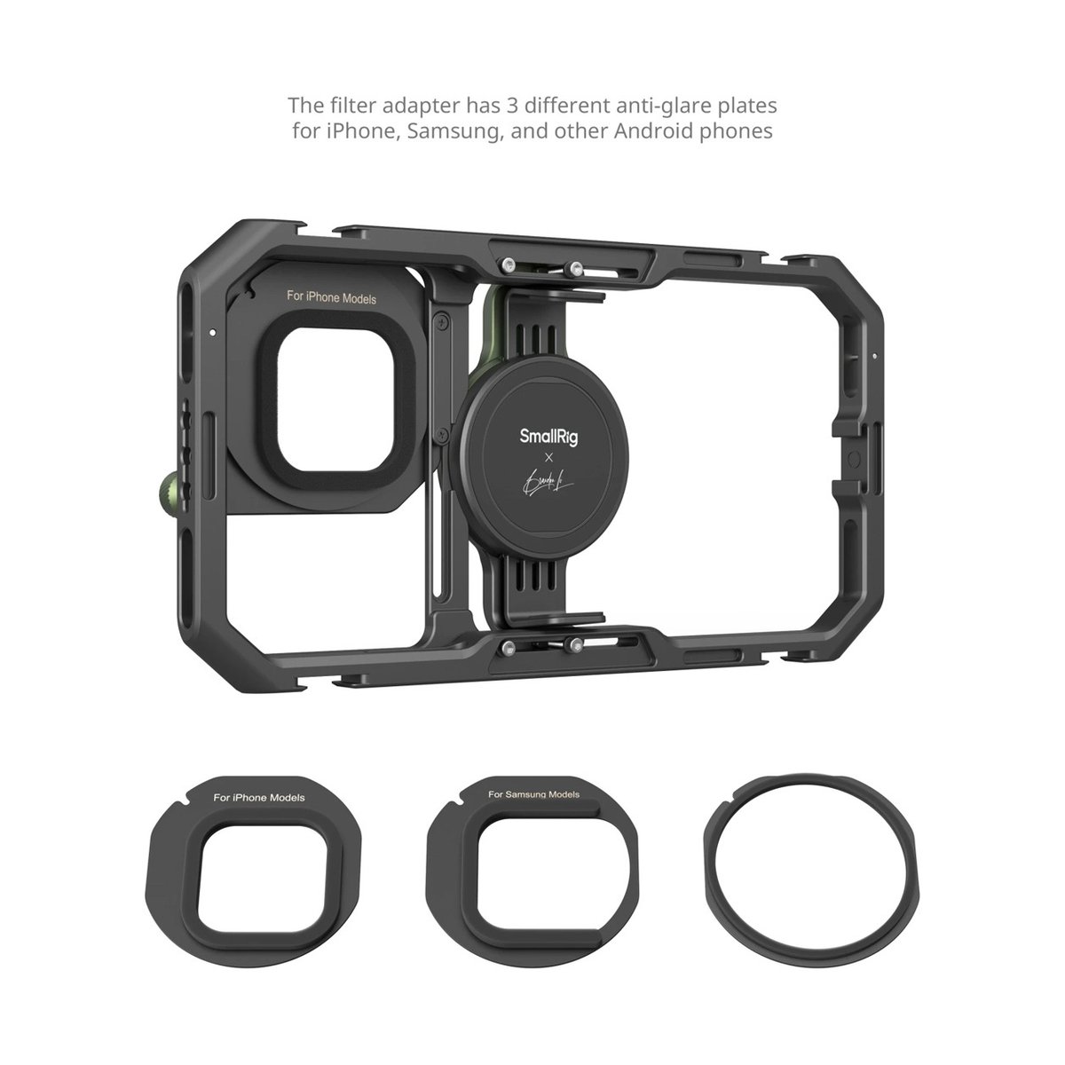 SmallRig 4596 All-In-One Mobile Video Kit Co-Design Edition - DETAILANSICHT: Filteradapter des Smartphone-Käfigs mit 3 Anti-Glare-Platten für iPhone, Samsung, Android