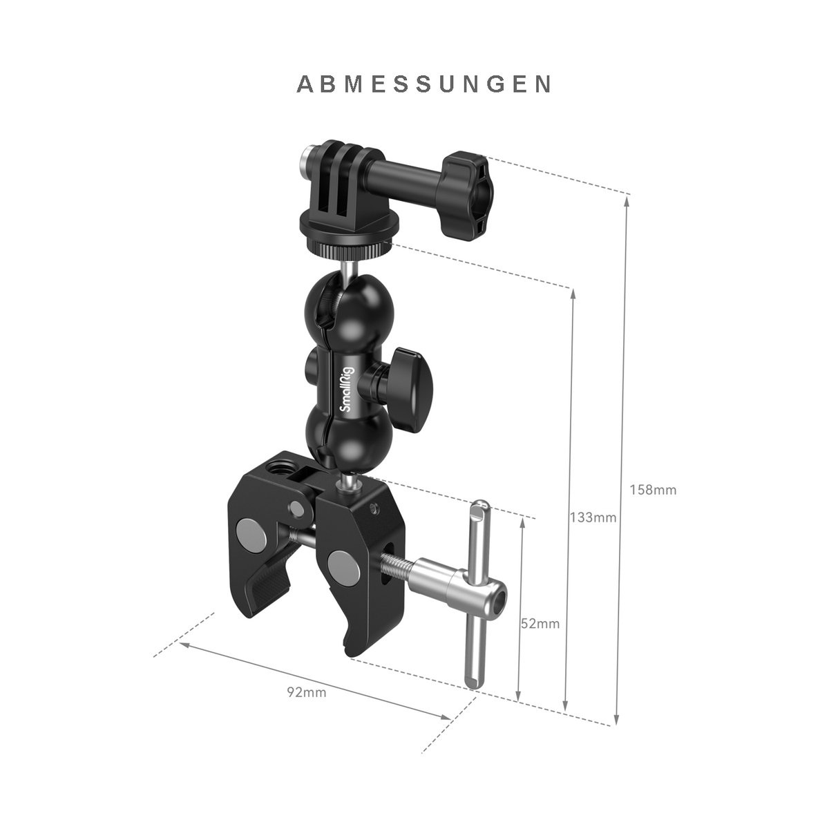 SmallRig 1138B Crab-Shaped Clamp Kit mit Ballhead Gelenkarm - Abmessungen der SmallRig Klemmhalterung mit Gelenkarm und Actioncam-Adapter