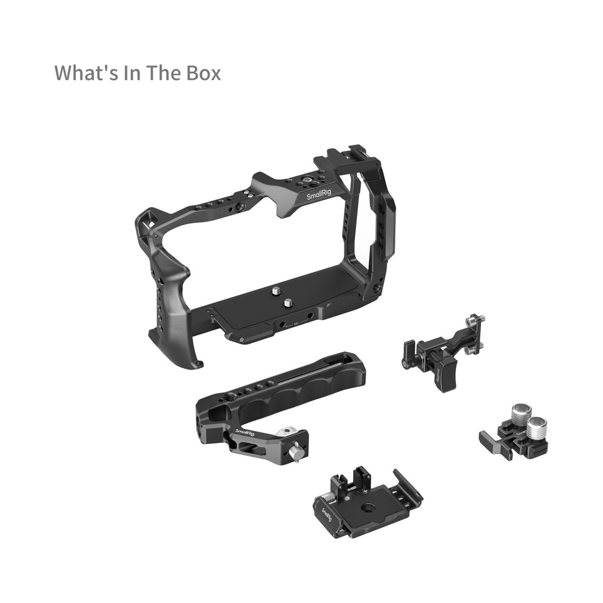 SmallRig 4574 Basic Cage Kit f. BMCC 6K (Vollformat) - LIEFERUMFANG: Alle Einzelteile des SmallRig Kamera-Käfigs und Zubehörs, ausgebreitet auf weißem Hintergrund. SmallRig 4574 Basic Cage Kit f. BMCC 6K (Vollformat) - LIEFERUMFANG: Alle Einzelteile des SmallRig Kamera-Käfigs und Zubehörs, ausgebreitet auf weißem Hintergrund.