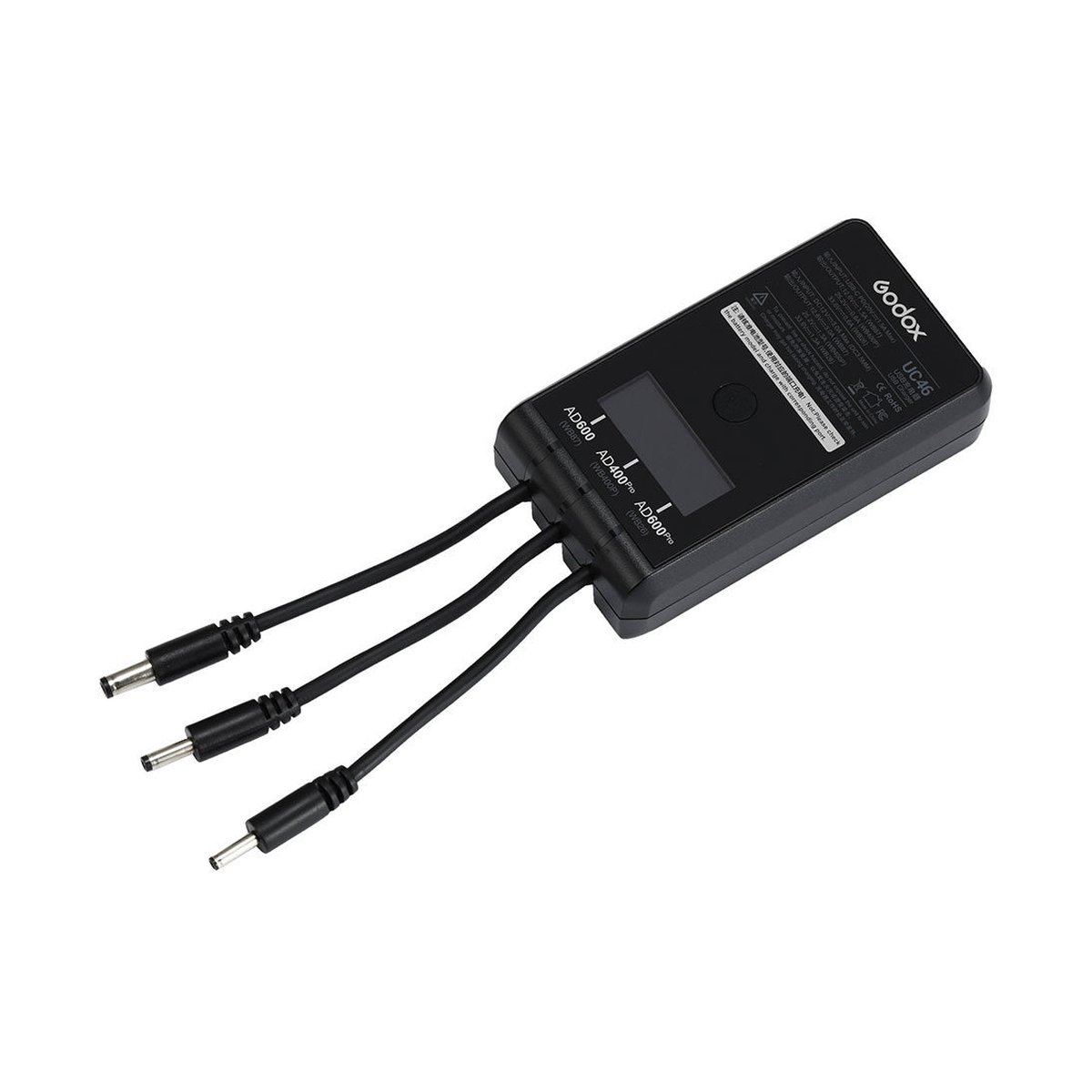 Godox Akku-Ladegerät AD600Pro, AD600B, AD400Pro - Godox UC46 Power-Verteiler mit drei DC-Ausgängen, schräge Ansicht von oben.