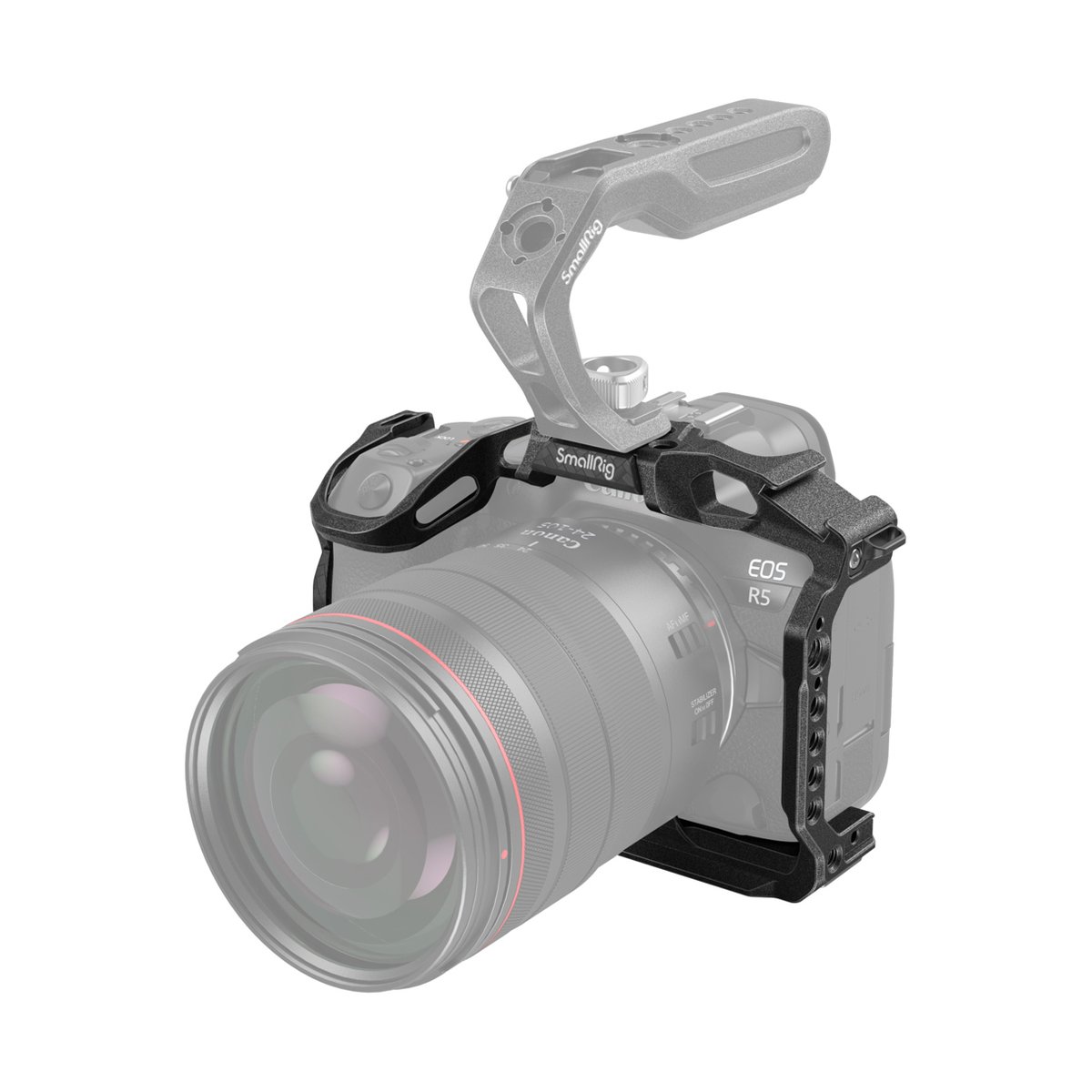 SmallRig 3233B Black Mamba Cage für Canon EOS R5/R6 - SmallRig Kamera-Rig für Canon EOS R5 mit Käfig und Top-Handle, schräge Vorderansicht.