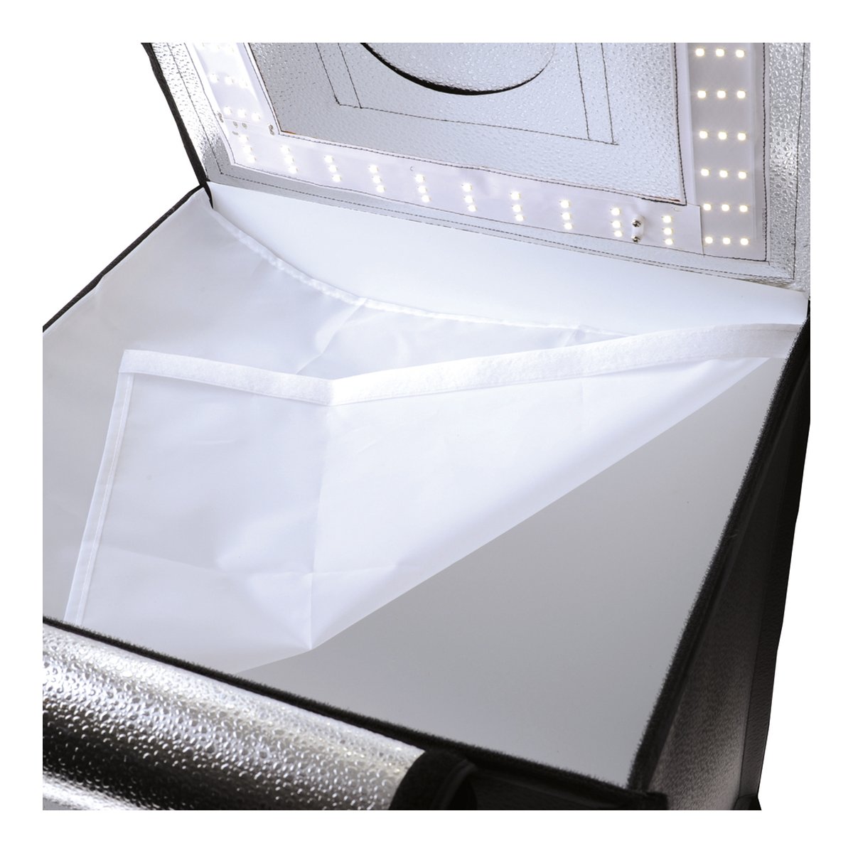 Caruba tragbares Fotostudio LED 70x70x70cm Dimmbar - Innenansicht: Fotobox mit weißem Diffusor und LED-Lichtstreifen