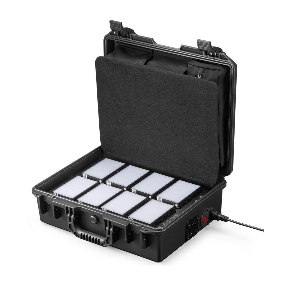 Godox C5R-K8 Mobile RGB LED 8 Light Kit with Charging Case - Lieferumfang: Offener Koffer mit 8 LED-Leuchten und Ladekabel