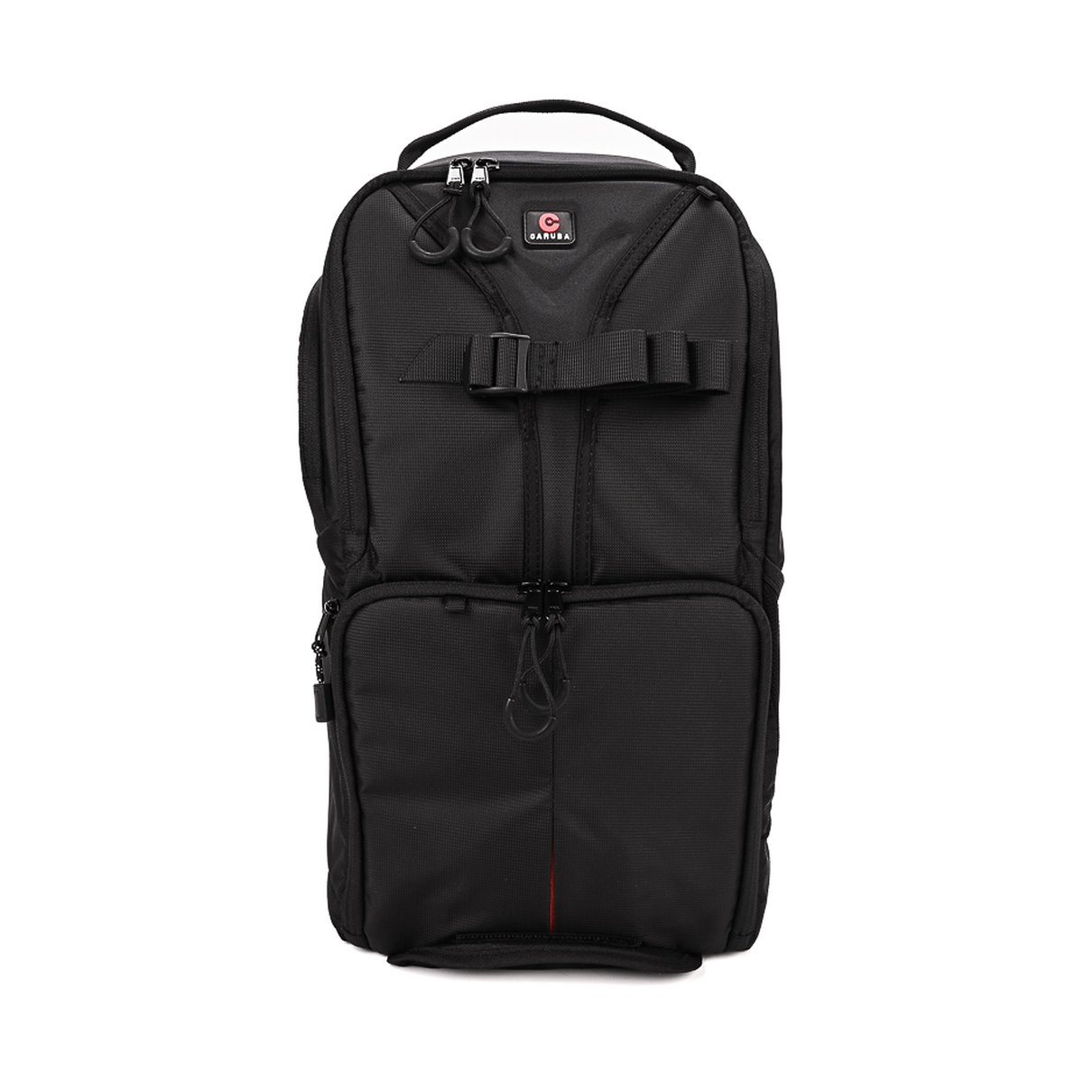 Caruba Skydex 10 - Frontansicht: Schwarzer Kamera-Rucksack mit Garuba Logo