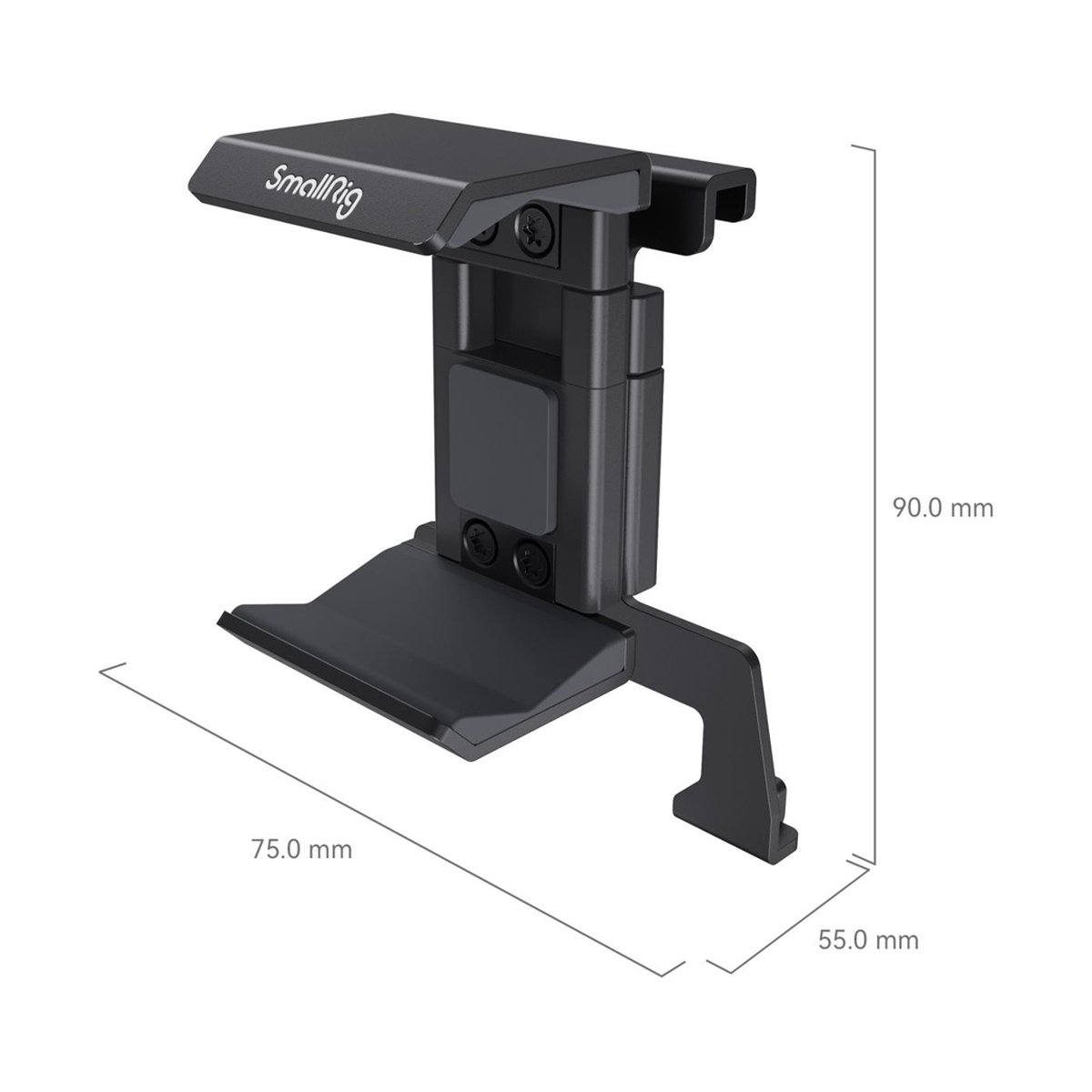 SmallRig 4318 Powerbank Clip für RC60B - Perspektivansicht der SmallRig Halterung mit den Produktabmessungen.
