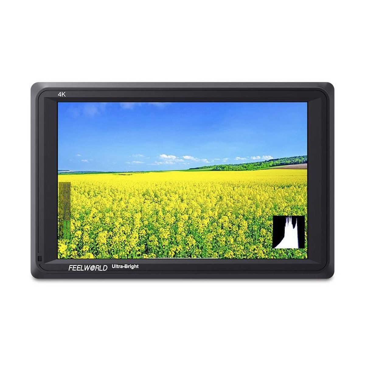 Feelworld 7" 4K FW279 Ultra Bright HDMI Monitor - Frontansicht des FEELWORLD Ultra-Bright 4K Monitors mit Landschaftsbild und Bildinfos auf dem Display Feelworld 7" 4K FW279 Ultra Bright HDMI Monitor - Frontansicht des FEELWORLD Ultra-Bright 4K Monitors mit Landschaftsbild und Bildinfos auf dem Display