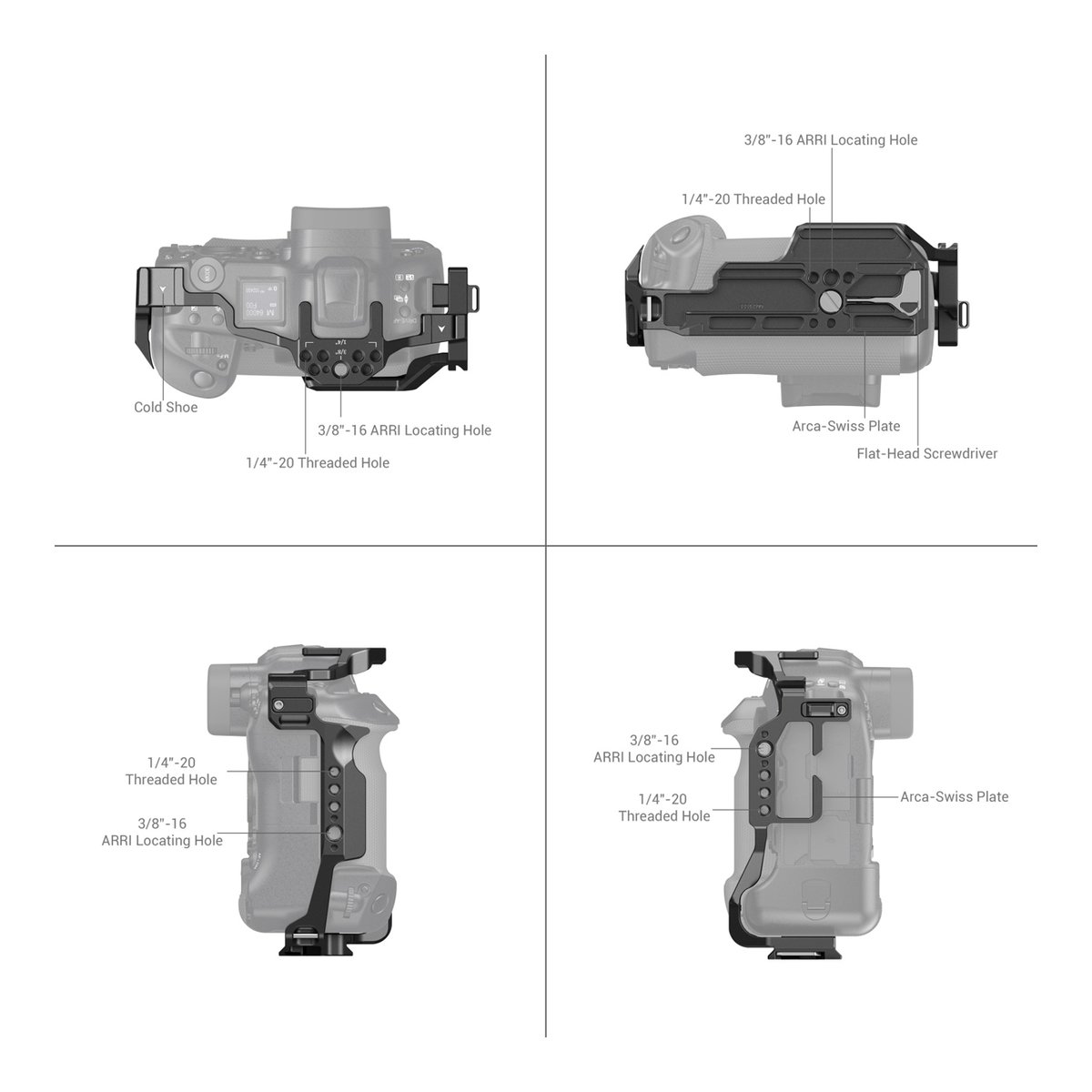 SmallRig 3884 Cage für Canon EOS R3 - Technische Übersichtszeichnung mit vier Ansichten des Kamera-Cages, zeigt Gewindebohrungen und Montagepunkte. SmallRig 3884 Cage für Canon EOS R3 - Technische Übersichtszeichnung mit vier Ansichten des Kamera-Cages, zeigt Gewindebohrungen und Montagepunkte.