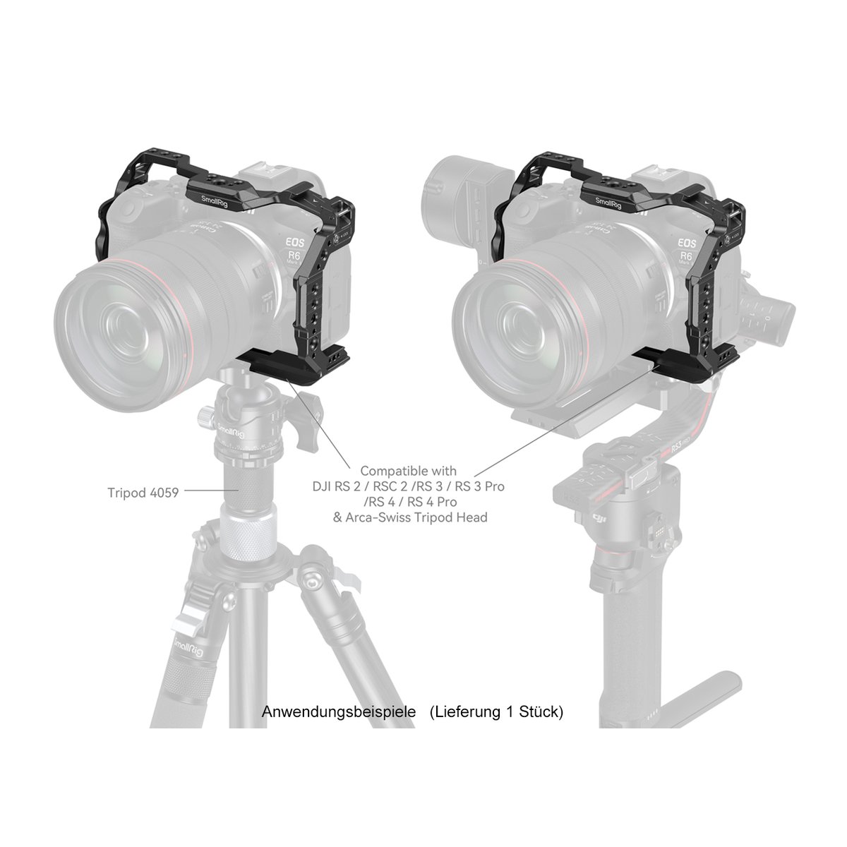 SmallRig 4159B HawkLock QR Cage für Canon EOS R6 II - Anwendungsbeispiele: Kamera-Cage mit Kamera auf Stativ und Gimbal montiert, inkl. Kompatibilität.