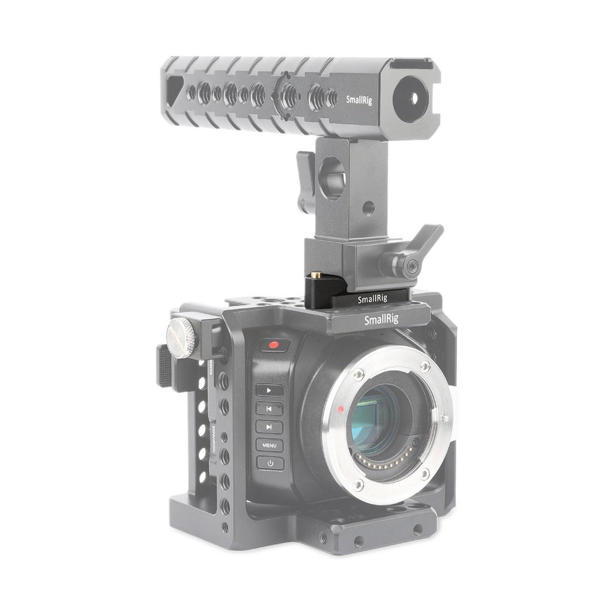 SmallRig 1409 Quick-Release NATO-Rail 46 mm mit Sicherheitsstift für Topgriff - Anwendungsbeispiel: SmallRig Kamerakäfig und Top Handle an einer Kamera.