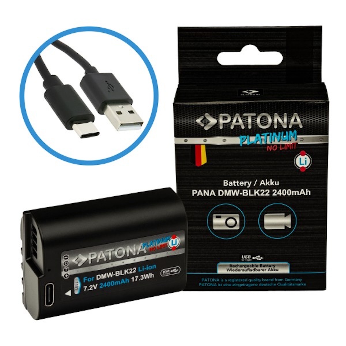 Patona Platinum Akku mit USB-C Input f. Panasonic DMW-BLK22