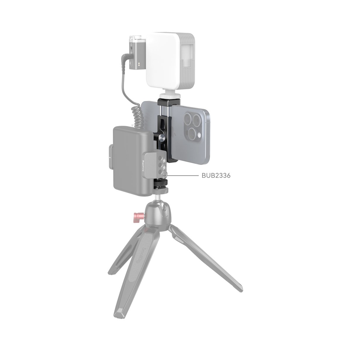 SmallRig 4382 Metal Phone Holder with Cold Shoe Mount - Anwendungsbeispiel: Smartphone-Vlogging-Setup auf Stativ mit Zubehör. Detailansicht BUB2336.