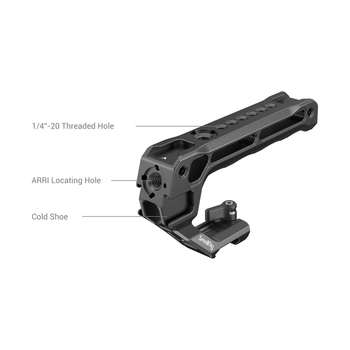 SmallRig 3766 NATO Top-Griff Lite - Detailansicht mit Beschriftungen: 1/4"-20 Gewinde, ARRI-Loch, Cold Shoe.