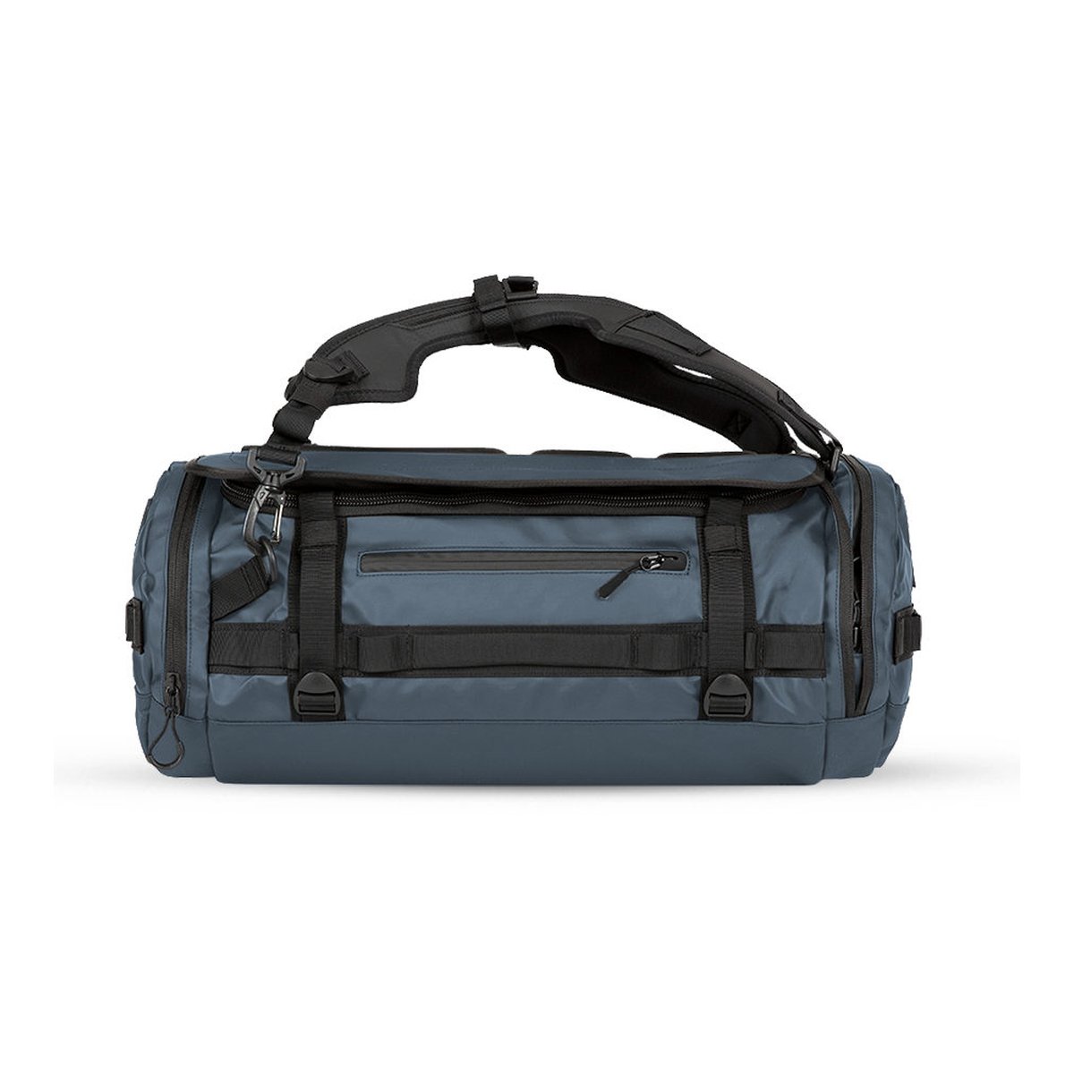 WANDRD HEXAD CARRYALL DUFFEL 60-Liter Aegean Blue - Frontansicht des blaugrauen Dufflebags mit abnehmbarem Schultergurt.
