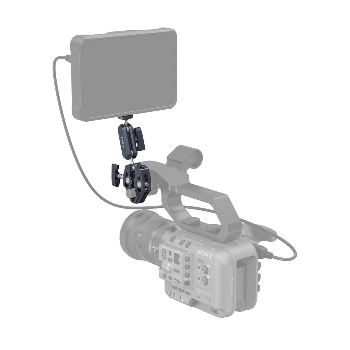 SmallRig 3757B Crab Shaped Clamp mit Kugelkopf Magic Arm - Anwendungsbeispiel: Monitorbefestigung mit Gelenkarm und Superklemme an professioneller Kamera.