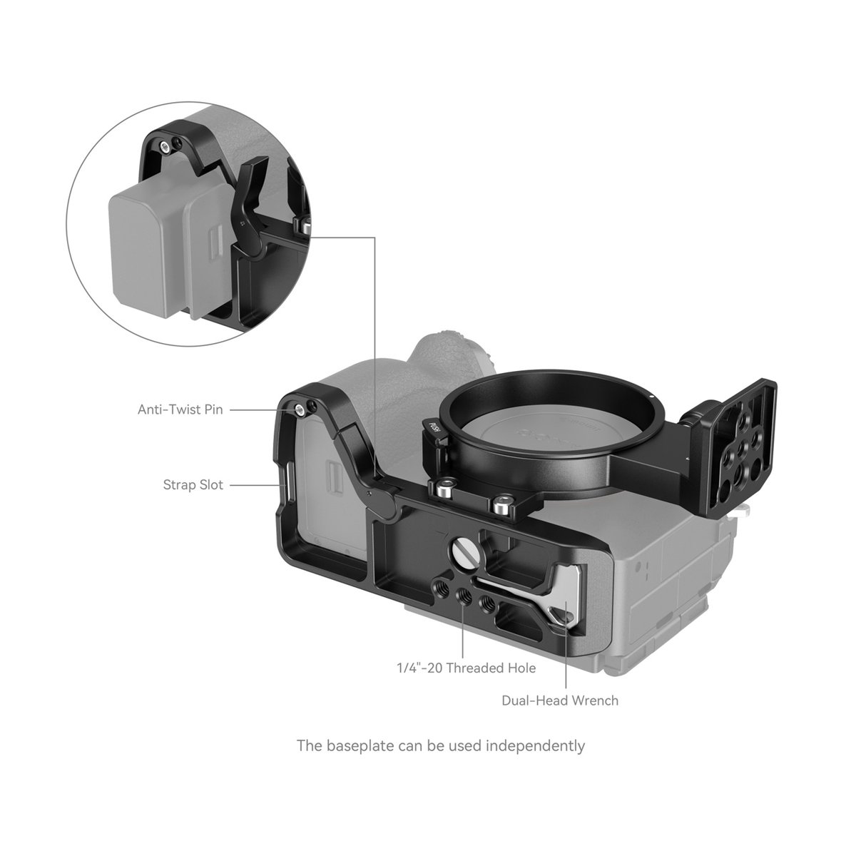 SmallRig 4148 Drehbares Horizontal- Vertikal Montageplatten-Kit - Detailansicht des Kamera-Cages mit beschrifteten Funktionen und Batteriefachzugang.
