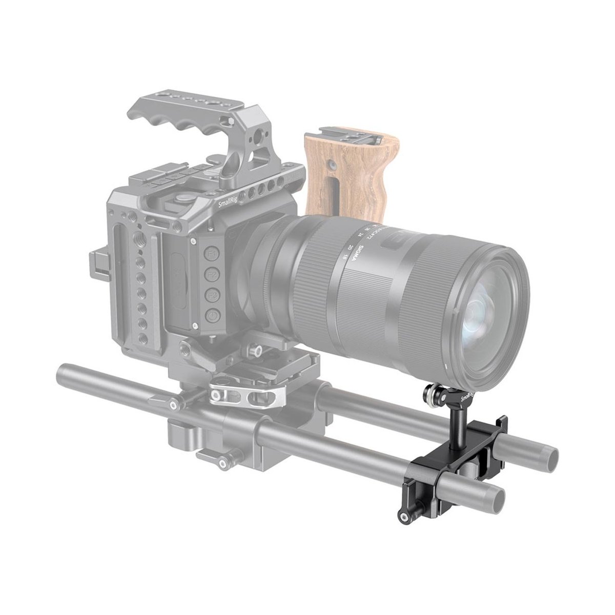 SmallRig 2727 Universal 15 mm LWS Objektivhalterung - Anwendungsbeispiel: Objektivstütze mit 15mm Rods für Kamerarig und Objektiv.
