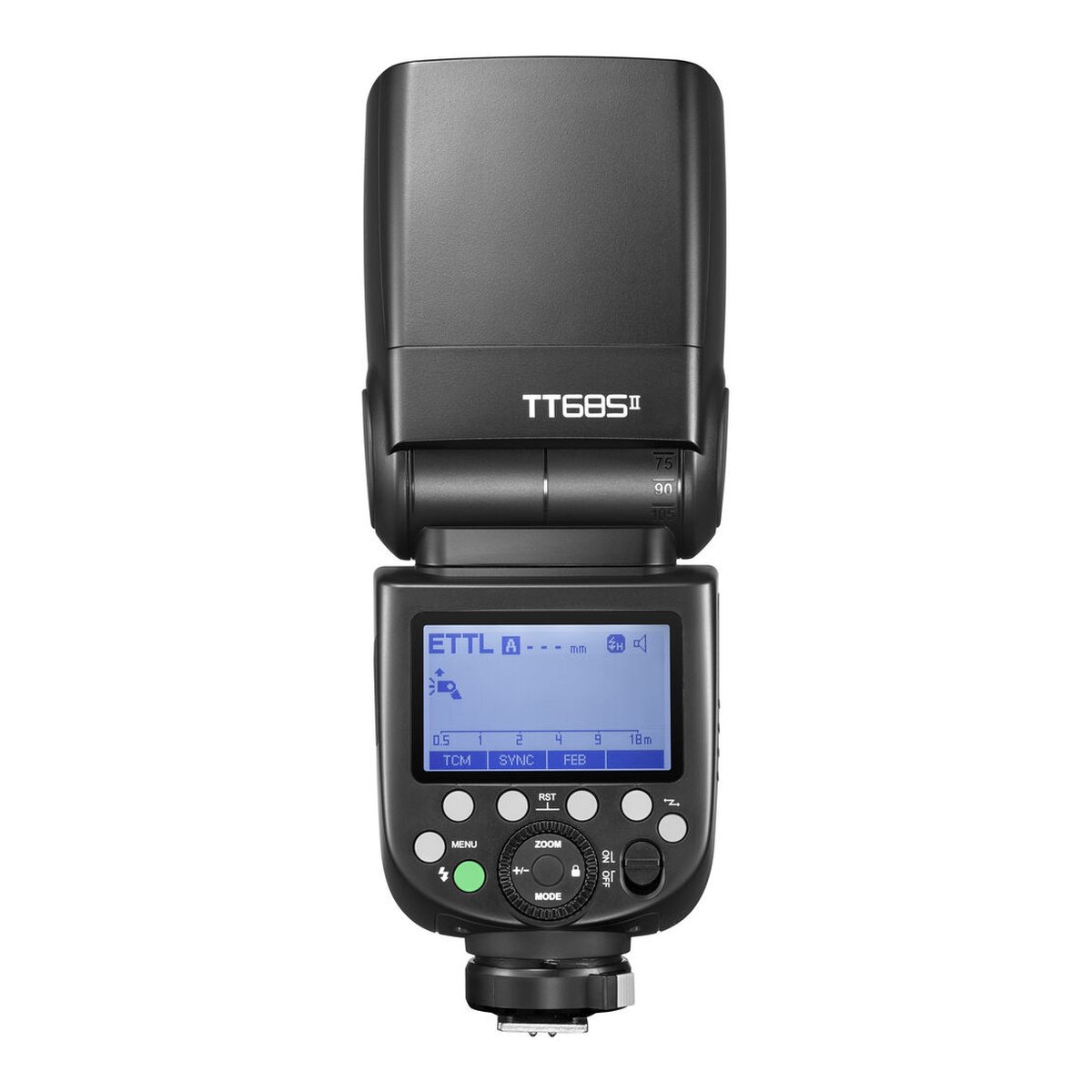 Godox Speedlite TT685 II Nikon Off Camera Kit - Frontansicht des TT685II Blitzgeräts mit leuchtendem Display und Bedienelementen.