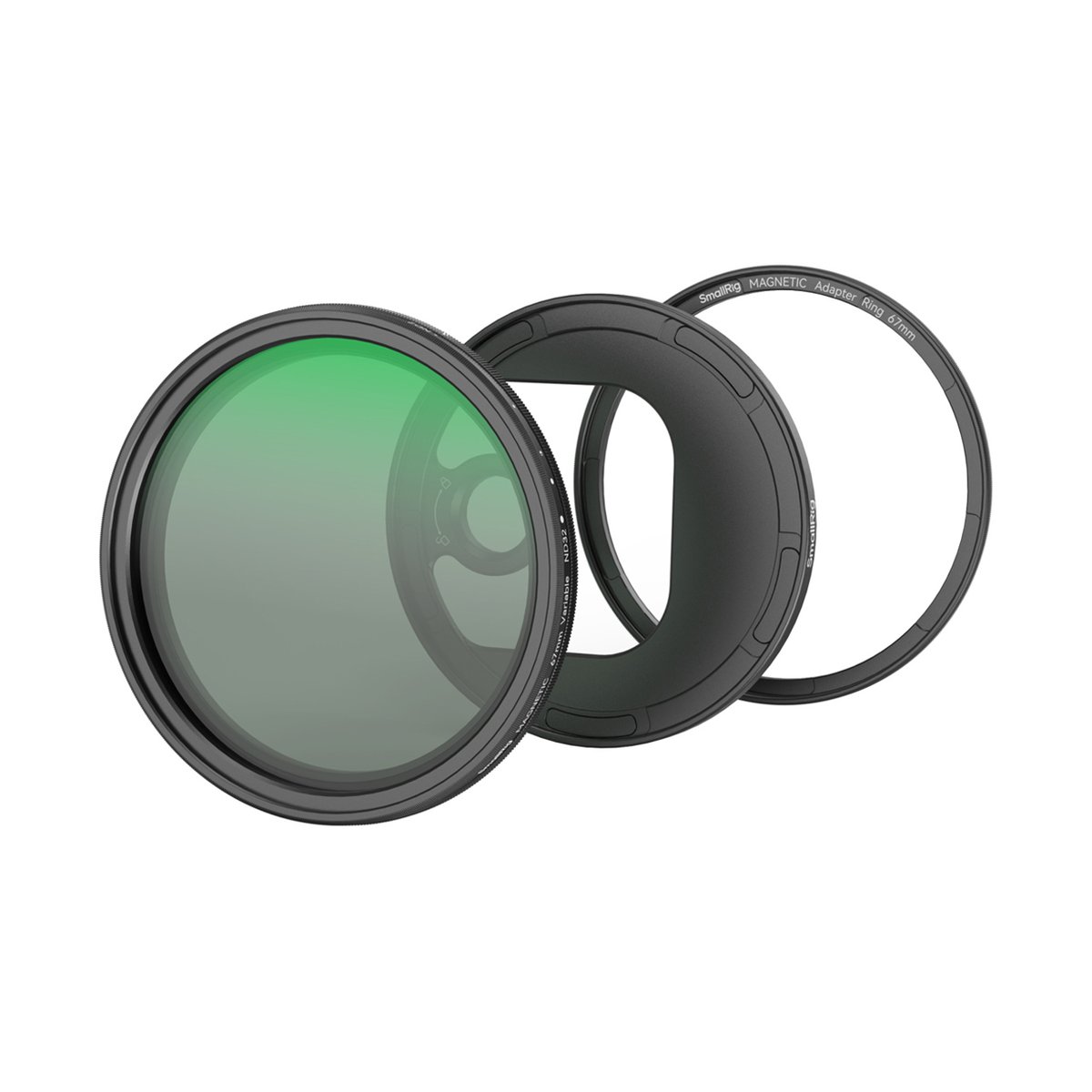 SmallRig 4725 Attachable VND Filter Kit ND2-ND32 (1-5 St) + T-Mount Adapter 67 mm - Lieferumfang: Grüner Kamerafilter und zwei SmallRig Magnetadapterringe.