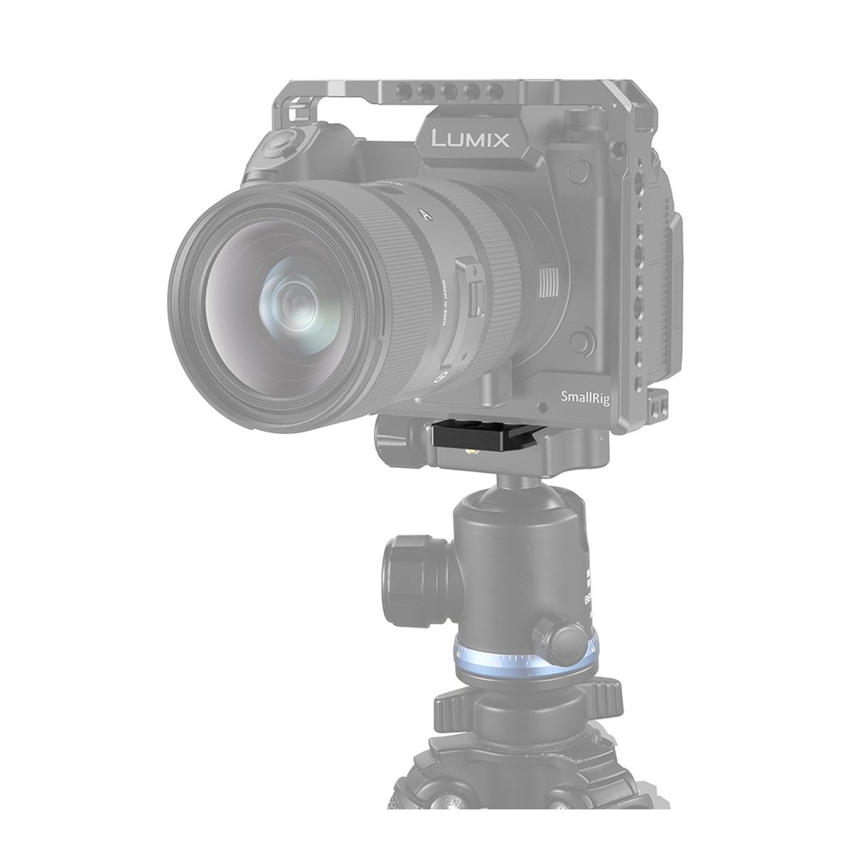 SmallRig 2146B Quick Release Platte Arca-Kompatibilität - Anwendungsbeispiel: Lumix Kamera mit Objektiv in SmallRig Käfig auf Stativkopf montiert, Fokus auf die Montageplatte.
