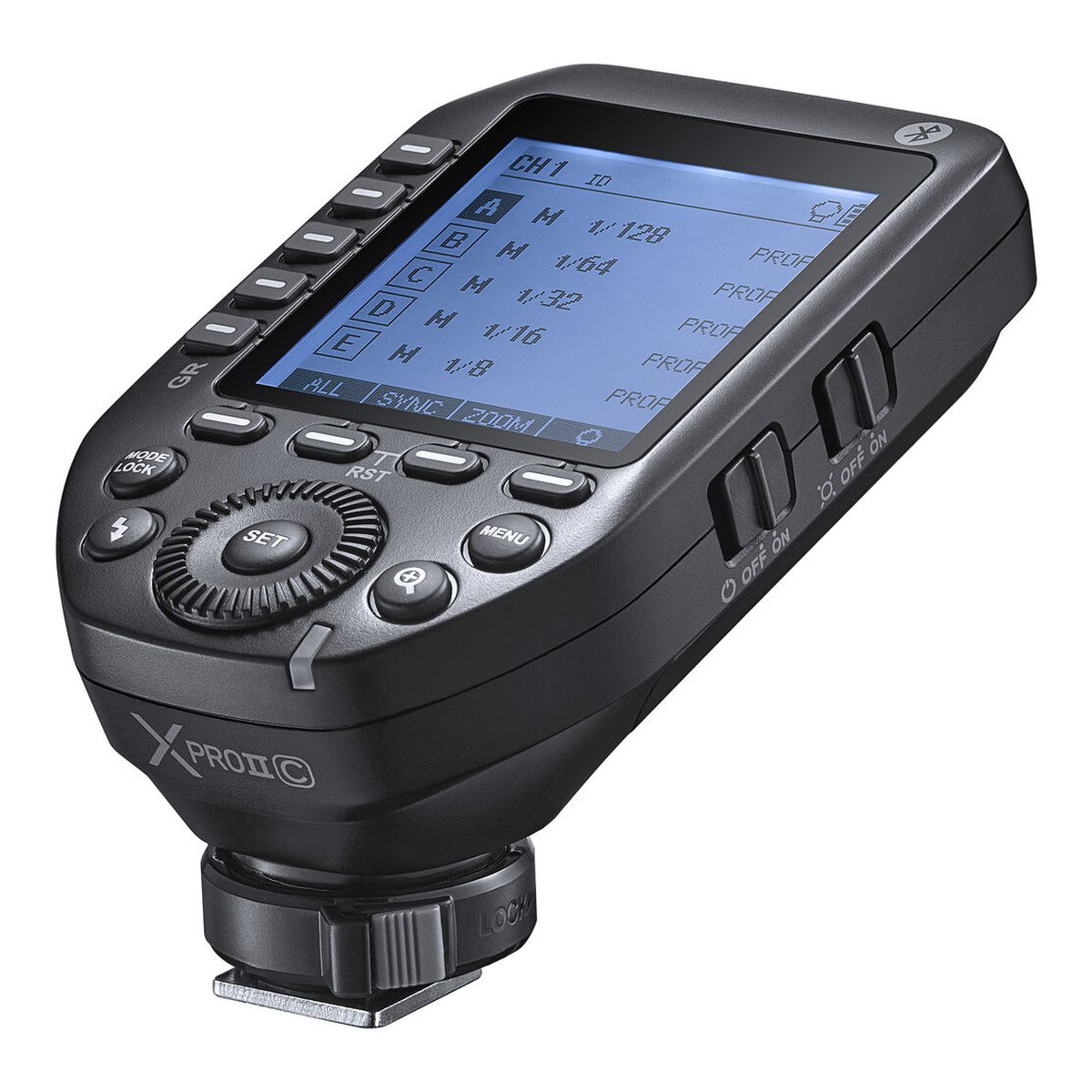 Godox X PRO II Transmitter für Canon - Angesichteter Godox XProC Blitzauslöser mit beleuchtetem Display und Bedienelementen