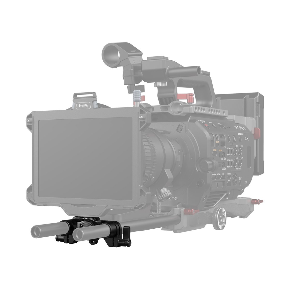 SmallRig 3652 LWS Rod Clamp 15 mm Stangenhalterung - Anwendungsbeispiel: SmallRig Rig mit Monitor und Rods an professioneller Kinokamera.