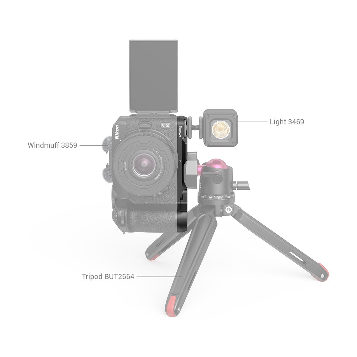 SmallRig 3857 Grundplatte für Nikon Z 30 - Seitenansicht Kamera-Setup mit Stativ, Mikrofon-Windschutz und Videoleuchte