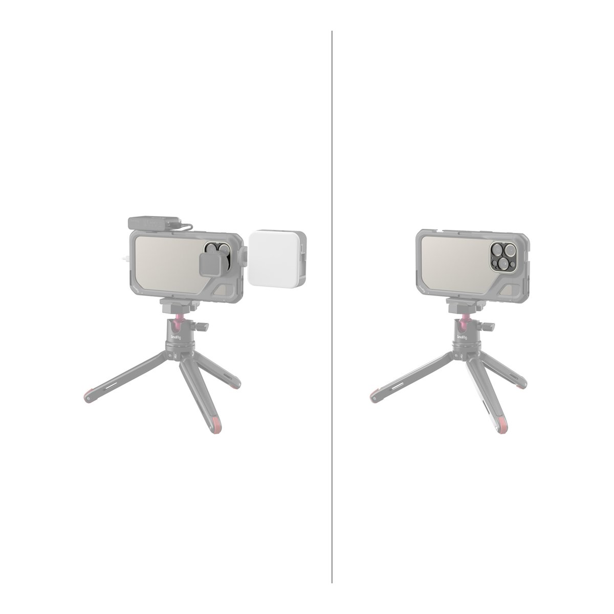 SmallRig 4394 Gewindelinse Rückenscheibe für iPhone 15 Pro Max/ 15 Pro Cage - Anwendungsbeispiel: Smartphone-Cage auf Stativ mit modularen Zubehörteilen (links Mikrofon & Licht, rechts ohne).