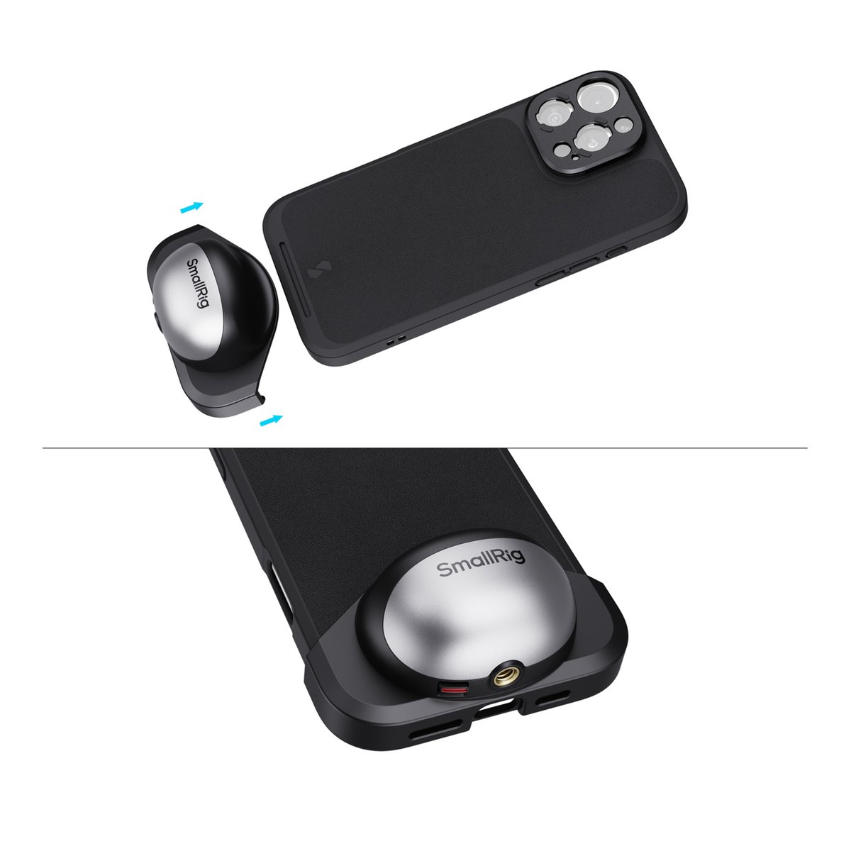 SmallRig 4987 FilMov Lightweight Photography Case Kit f.iPhone 16 Pro Max - Anwendungsbeispiel: Befestigung des Zubehörs an der Handyhülle.