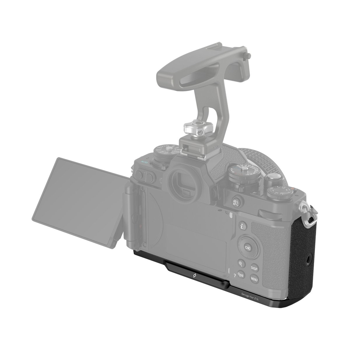 SmallRig 4263 L-Shape Grip f. Nikon Z fc schwarz - Anwendungsbeispiel: L-Winkel und Top-Griff an Kamera montiert, Rückansicht mit ausgeklapptem Display.