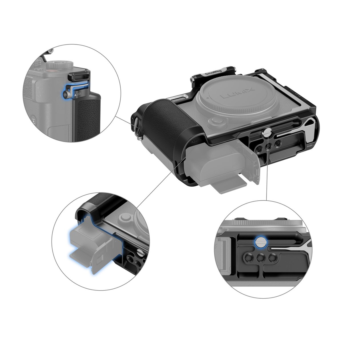 SmallRig 4515 Cage f.Panasonic Lumix S9 - Detailansicht Funktionen: Kamera-Cage mit hervorgehobenem Batteriezugang, Arretierung und Befestigungspunkten.