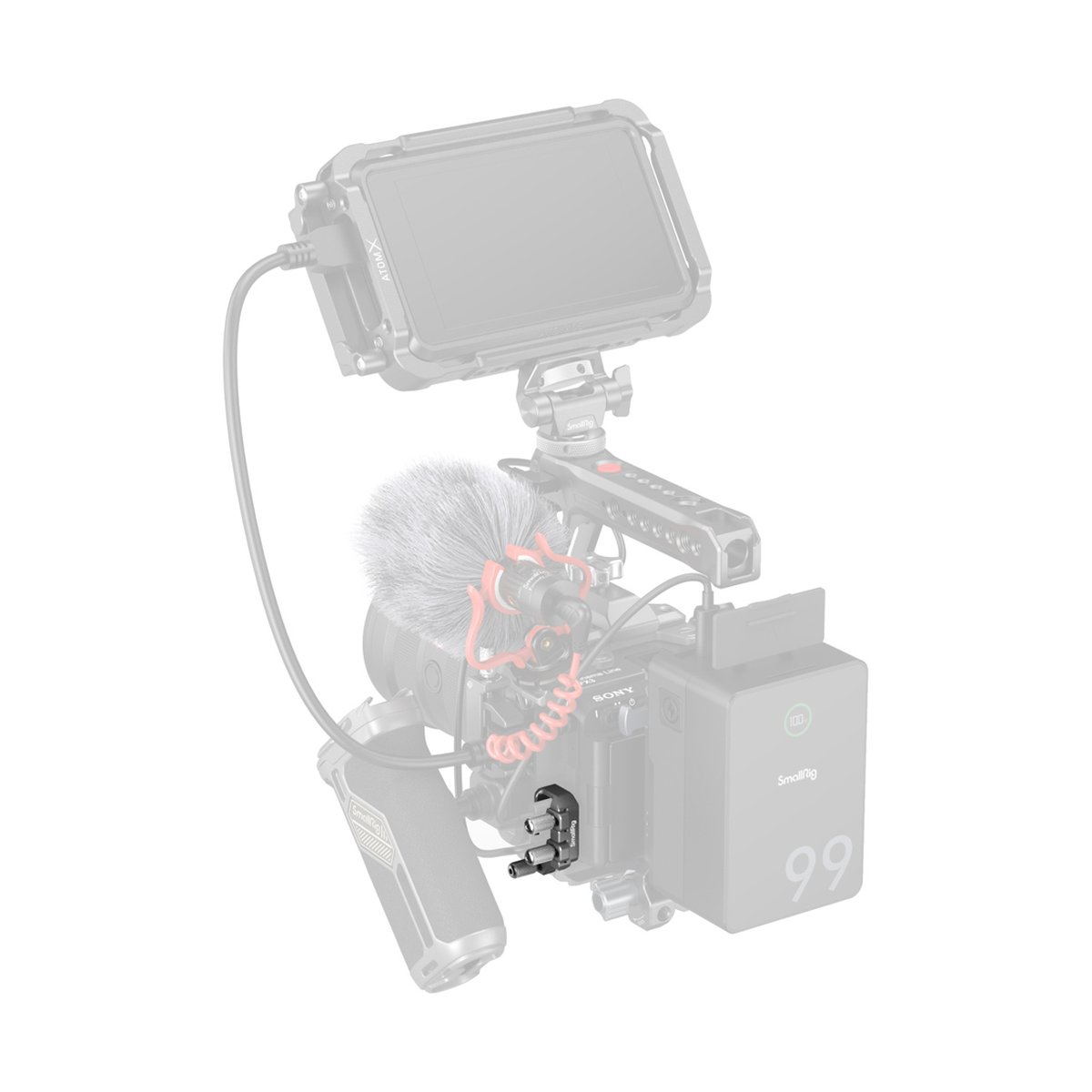 SmallRig 4829 USB-C&MULTI Cable Clamp für Sony FX3 / FX30 HawLock QR Cages - Anwendungsbeispiel Kabelklemme an Kamera-Rig mit Monitor