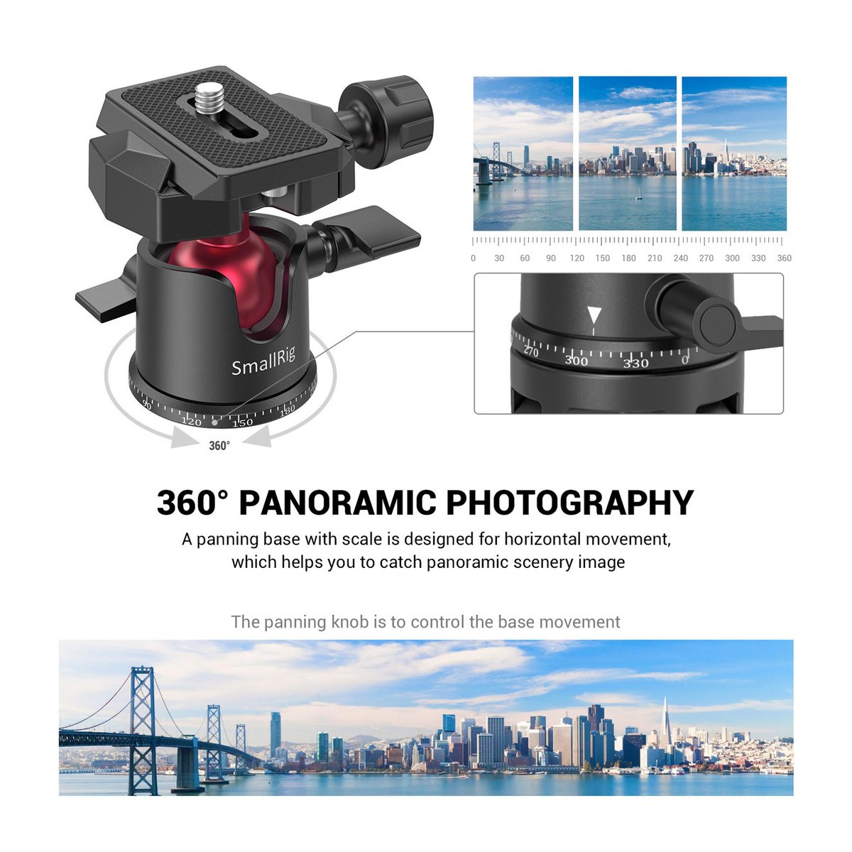 SmallRig 2664 Tabletop Mini Stativ mit Panorama Kugelkopf - Detailansicht SmallRig Kugelkopf: 360°-Panoramafunktion mit Skala; zeigt Einstellung & Beispielbilder.