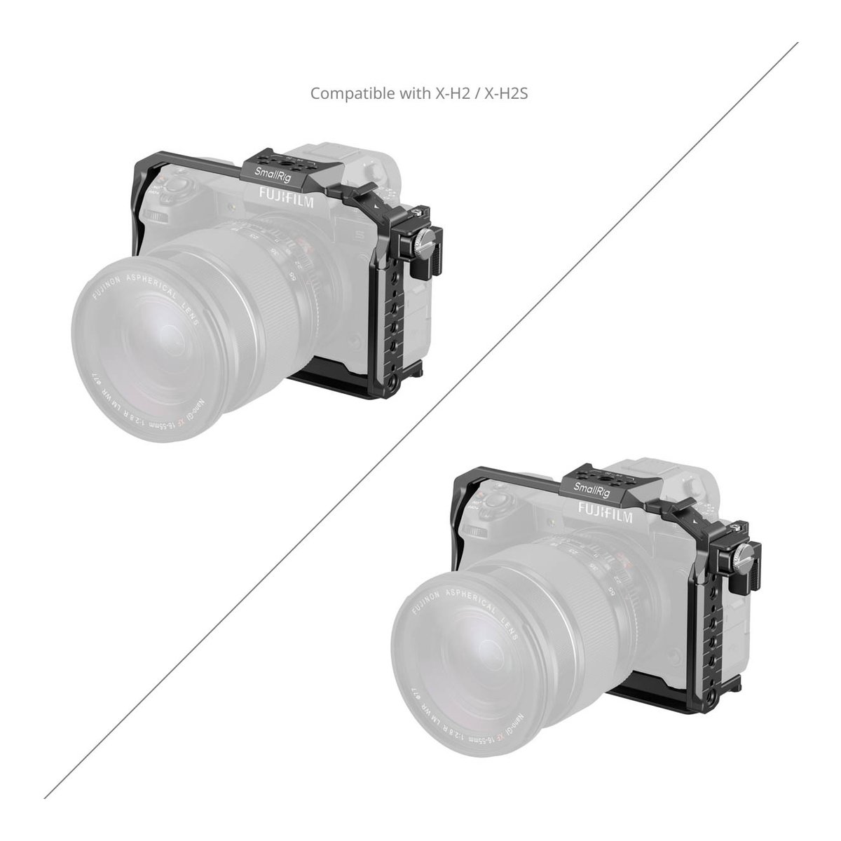 SmallRig 3934B Cage für Fujifilm X-H2S - Zwei Ansichten des SmallRig Kamerakäfigs an der Fujifilm X-H2/X-H2S Kamera SmallRig 3934B Cage für Fujifilm X-H2S - Zwei Ansichten des SmallRig Kamerakäfigs an der Fujifilm X-H2/X-H2S Kamera