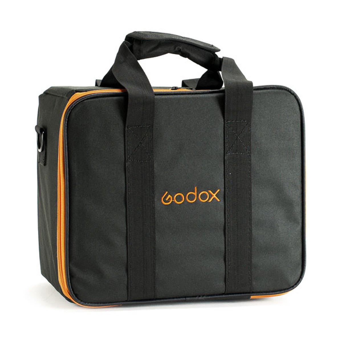 Godox CB-12 Tragetasche - Frontansicht: Schwarze Godox Tragetasche mit orangefarbenem Reißverschluss und Logo.
