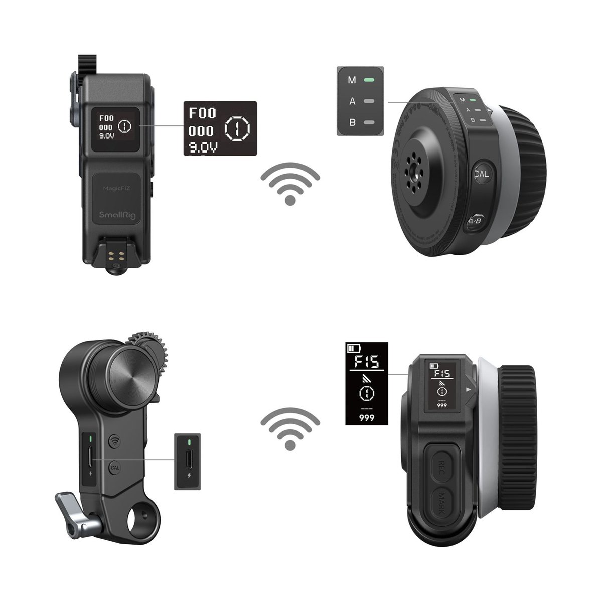 SmallRig 4297 drahtloser Empfänger-Motor (Lite) - Detailansicht der drahtlosen Follow-Fokus-System-Komponenten mit ihren Displayanzeigen.