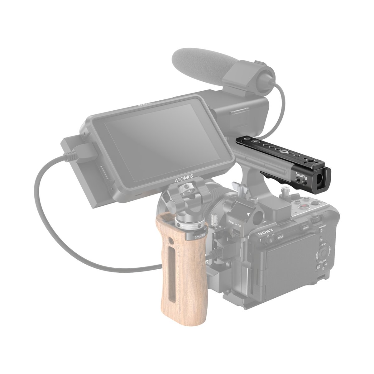 SmallRig 3490 XLR Handgrifferweiterung mit NATO Schiene für Sony FX3 - Anwendungsbeispiel: Obergriff und Holz-Seitengriff am Kamerarig