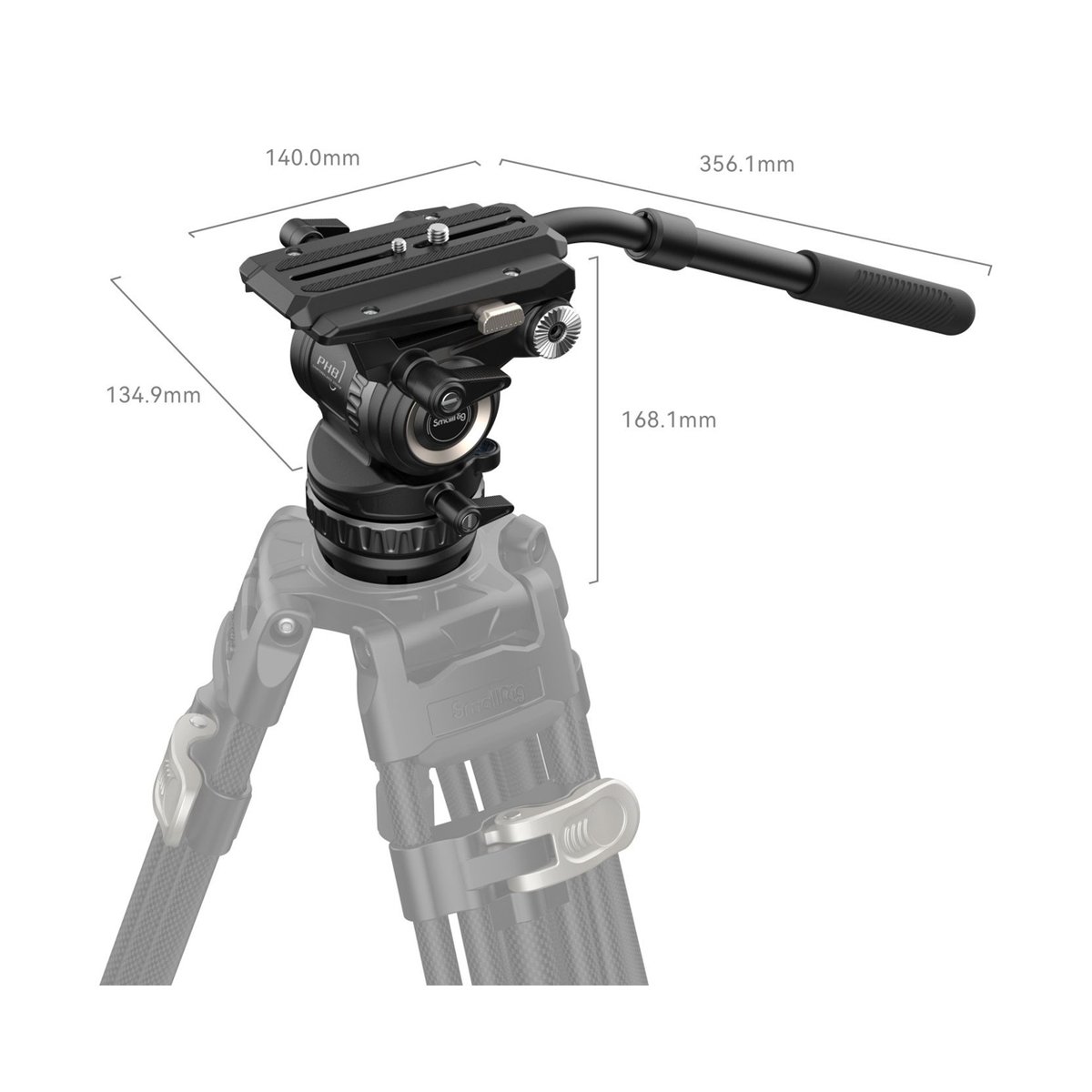 SmallRig 4287 Professioneller Fluidkopf PH8 - Abmessungen des Fluidkopfes mit Griff