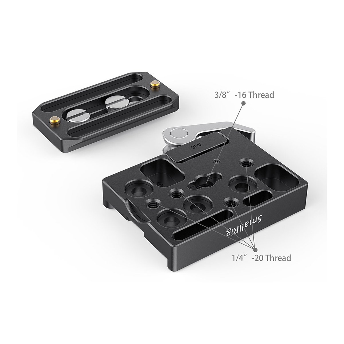 SmallRig 2144B Quick Release Clamp und Platte (Arca Kompatibel) - Detailansicht des SmallRig Schnellwechsel-Montagesystems mit 1/4"-20 und 3/8"-16 Gewinden.