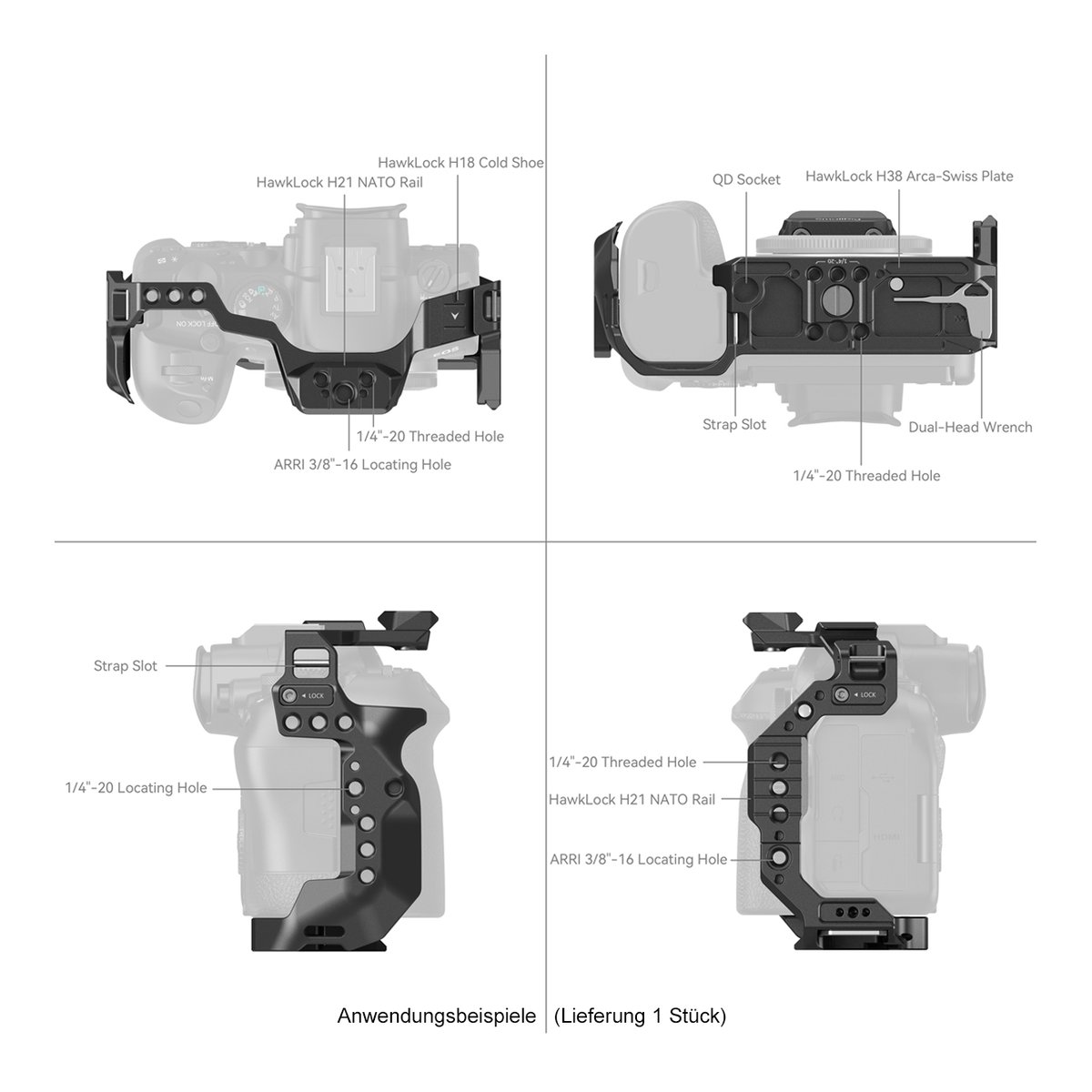 SmallRig 4159B HawkLock QR Cage für Canon EOS R6 II - Anwendungsbeispiele einer Kamerahalterung: Vier Ansichten der Montage am Kameragehäuse mit Detailmarkierungen.