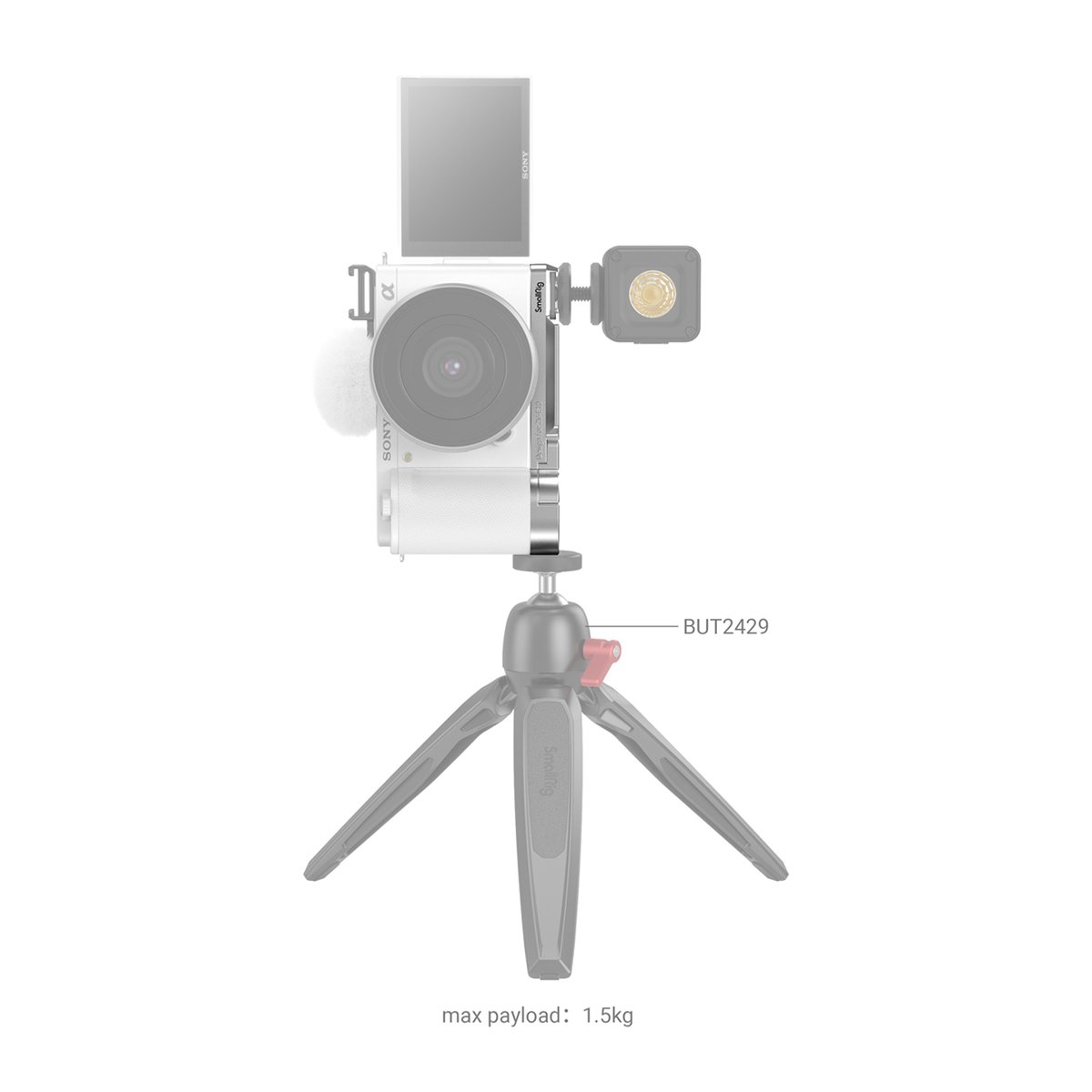 SmallRig 3524 Erweiterungsgriff Sony ZV-E10, silber - Anwendungsbeispiel: Seitenansicht des Kamera-Setups mit Mikrofon, Licht und SmallRig Mini-Stativ BUT2429.