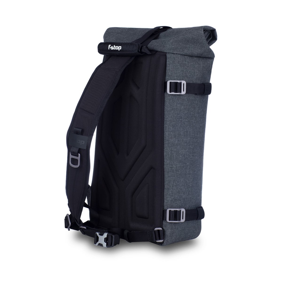 F-Stop DYOTA 11 Battleship (dunkelgrau) - Rückansicht des grauen Rucksacks mit Schultergurt und Rückenpolsterung