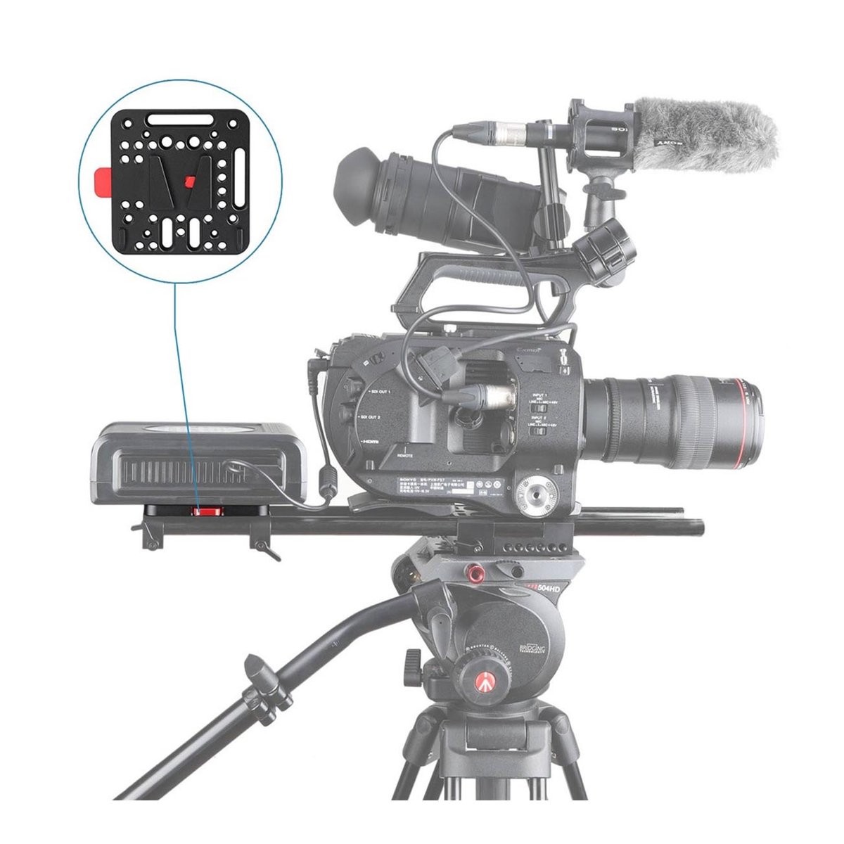 SmallRig 1846C V-Lock Assembly-Kit Quick Release-Set (V-Mount) - Detailansicht der gelochten Montageplatte mit rotem Hebel; Anwendungsbeispiel am Kamera-Rig.
