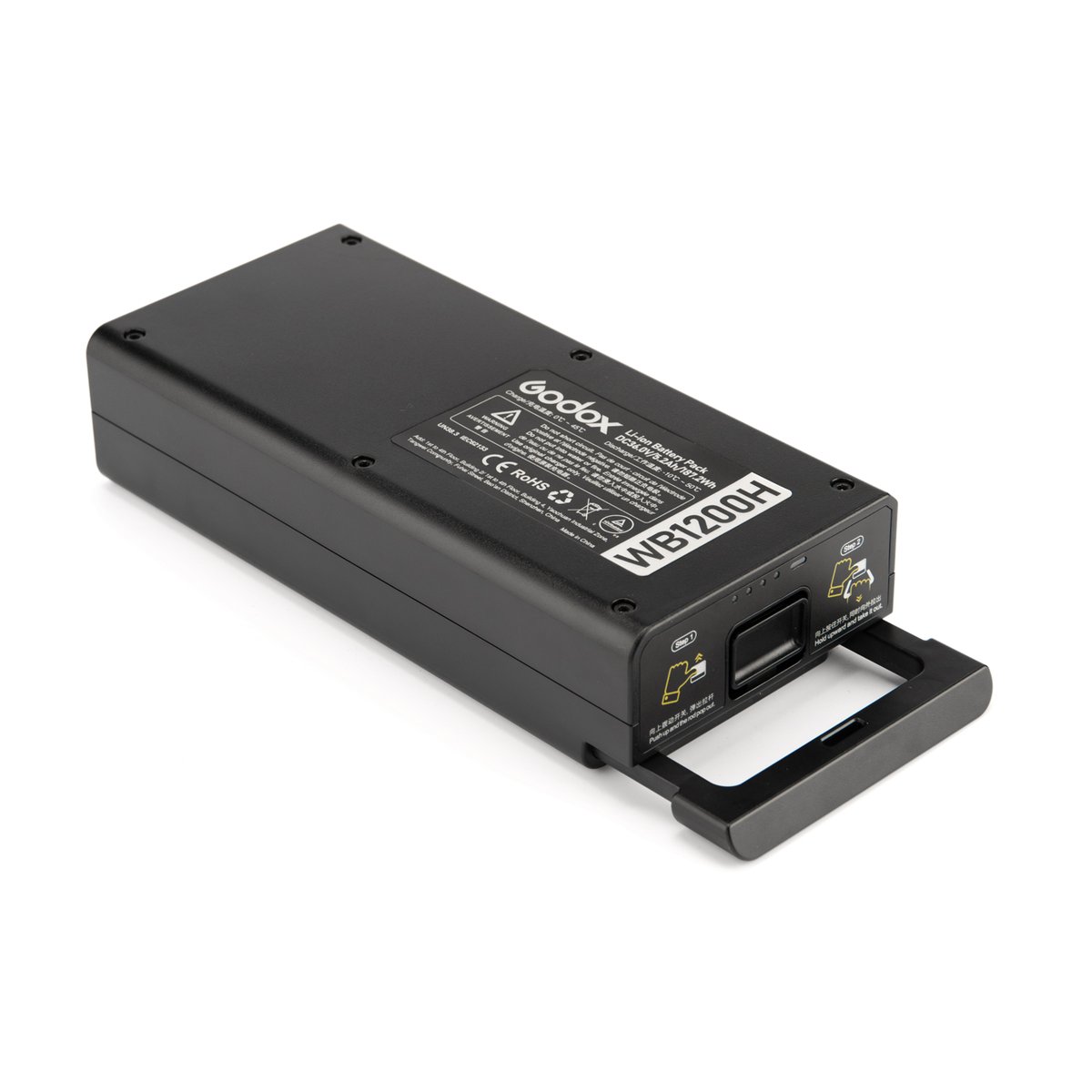 Godox Lithium-Akku AD1200 Pro 5200mAh - Detailansicht Godox WB1200H Akku von oben mit Beschriftung und Griff